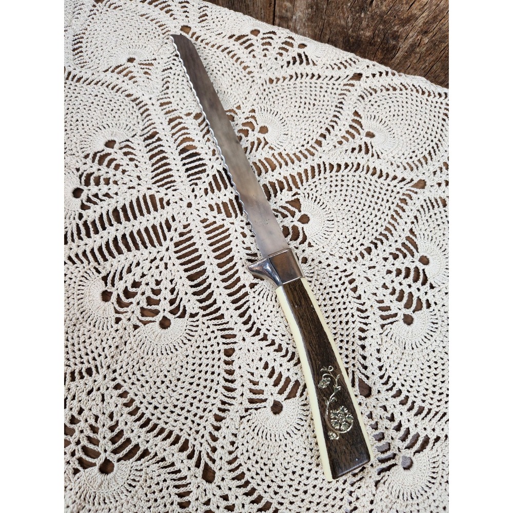 Vtg Regent Sheffield Serrated Slicing Knife MCM Faux Wood Gold Flower England
